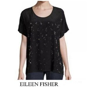 EILEEN FISHER Falling Stars Black 100% Silk Beaded Short Sleeve Top Blouse Sz 1X